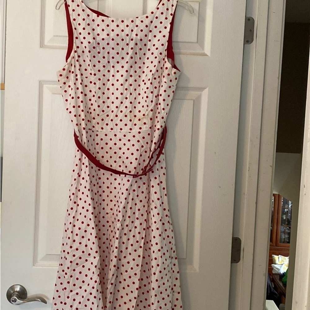 Red polka dotted dress with matching red belt and button up back.